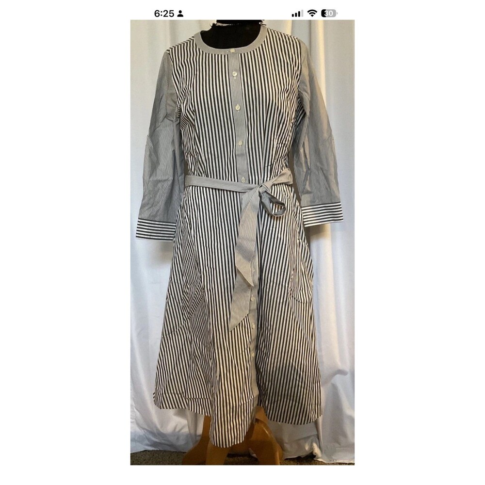 TALBOTS Women’s 10 Gray White Daisy Stripe Long Sleeve Belted Shirt Dress NEW